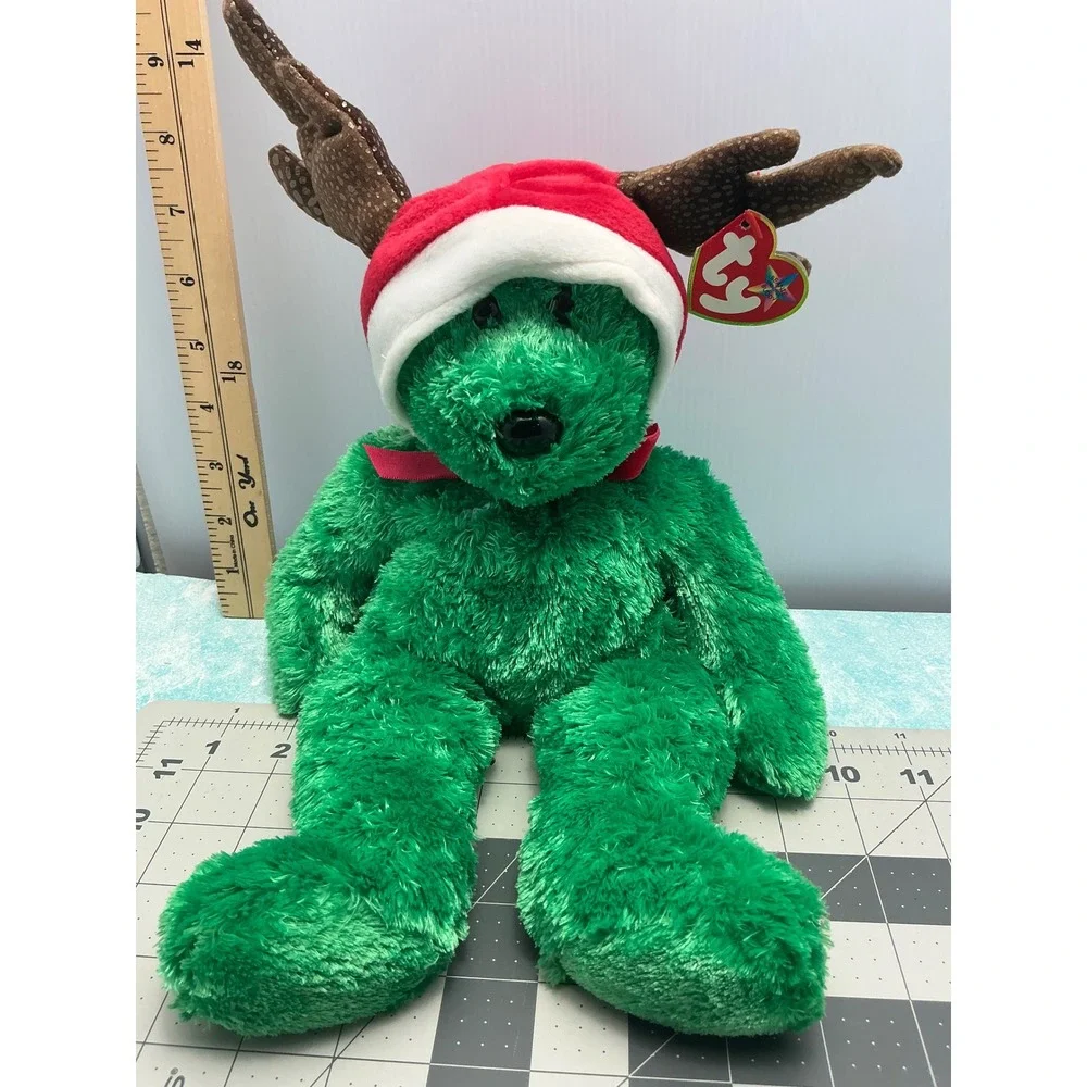 Ty Beanie Buddy Seasons the Bear Green Christmas Plush Santa Hat Antlers 2002